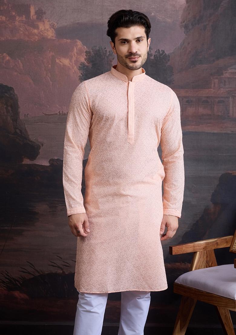 Light Pink Chikankari Cotton Kurta For Men