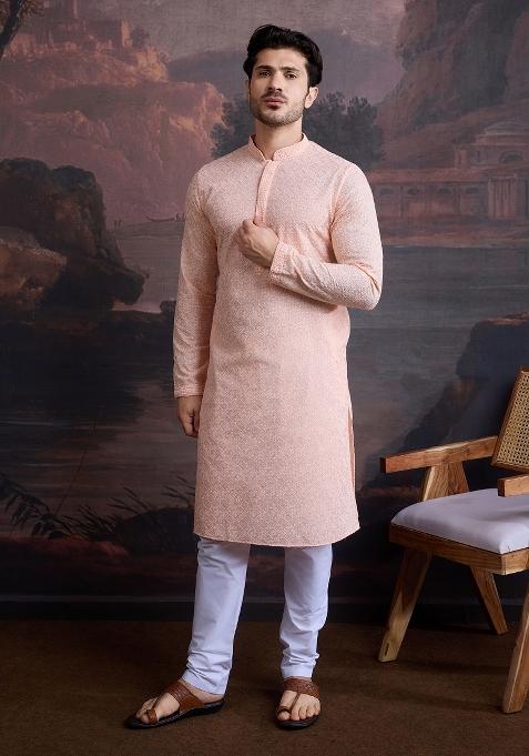 Light Pink Chikankari Cotton Kurta For Men