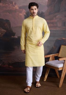 Light Yellow Chikankari Cotton Kurta For Men