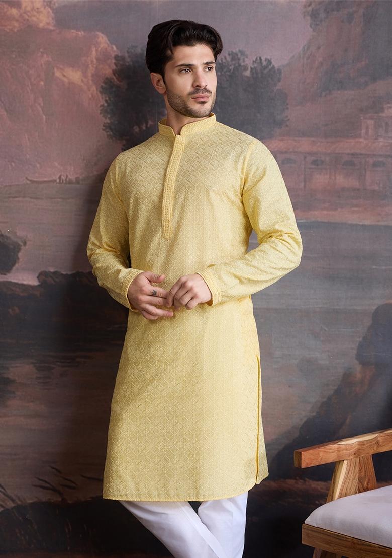 Light Yellow Chikankari Cotton Kurta For Men