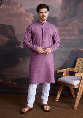 Mauve Blue Chikankari Cotton Kurta For Men