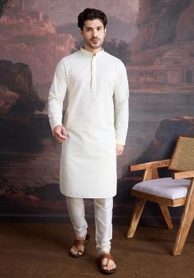 Off White Chikankari Cotton Kurta For Men