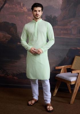 Green Chikankari Cotton Kurta For Men