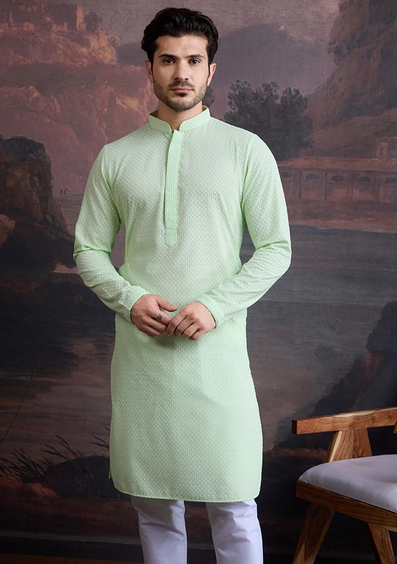 Green Chikankari Cotton Kurta For Men