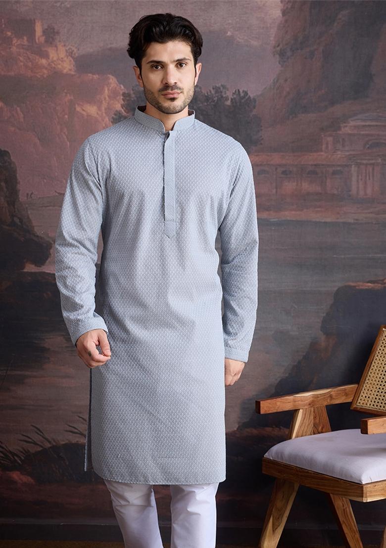 Grey Chikankari Cotton Kurta For Men