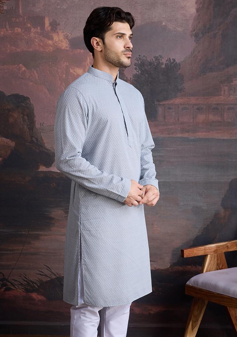 Grey Chikankari Cotton Kurta For Men