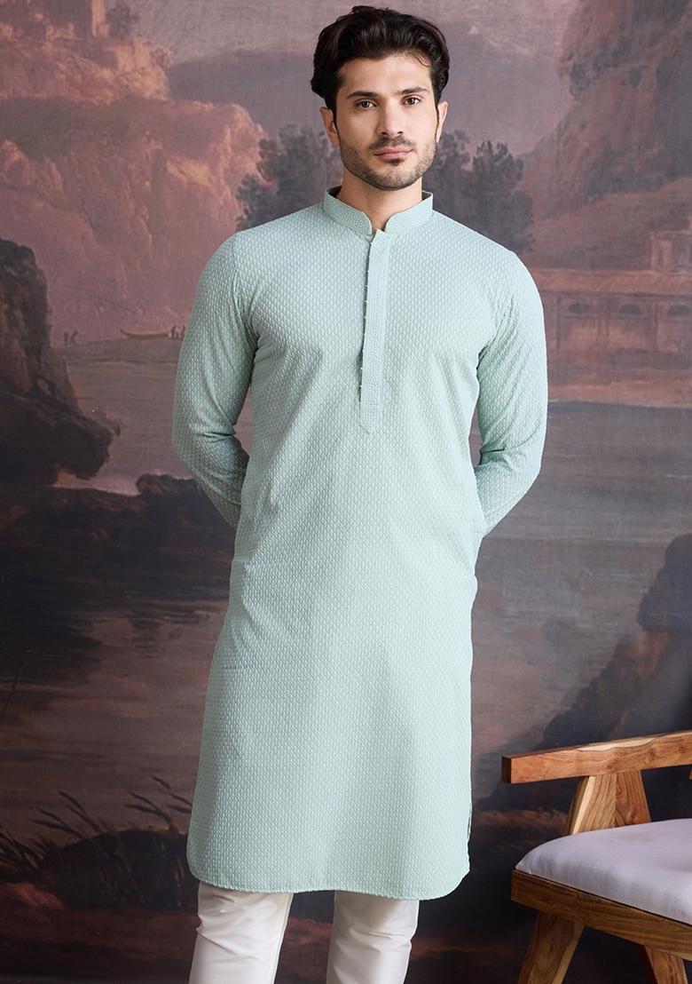 Light Green Chikankari Cotton Kurta For Men
