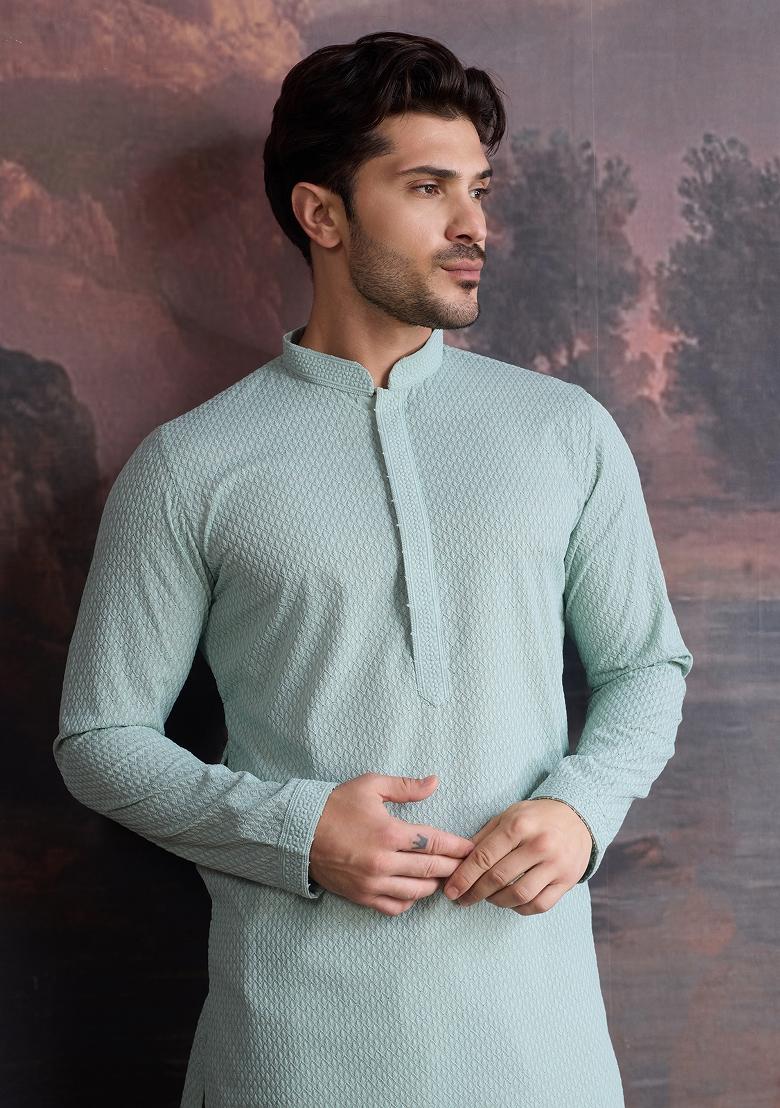 Light Green Chikankari Cotton Kurta For Men