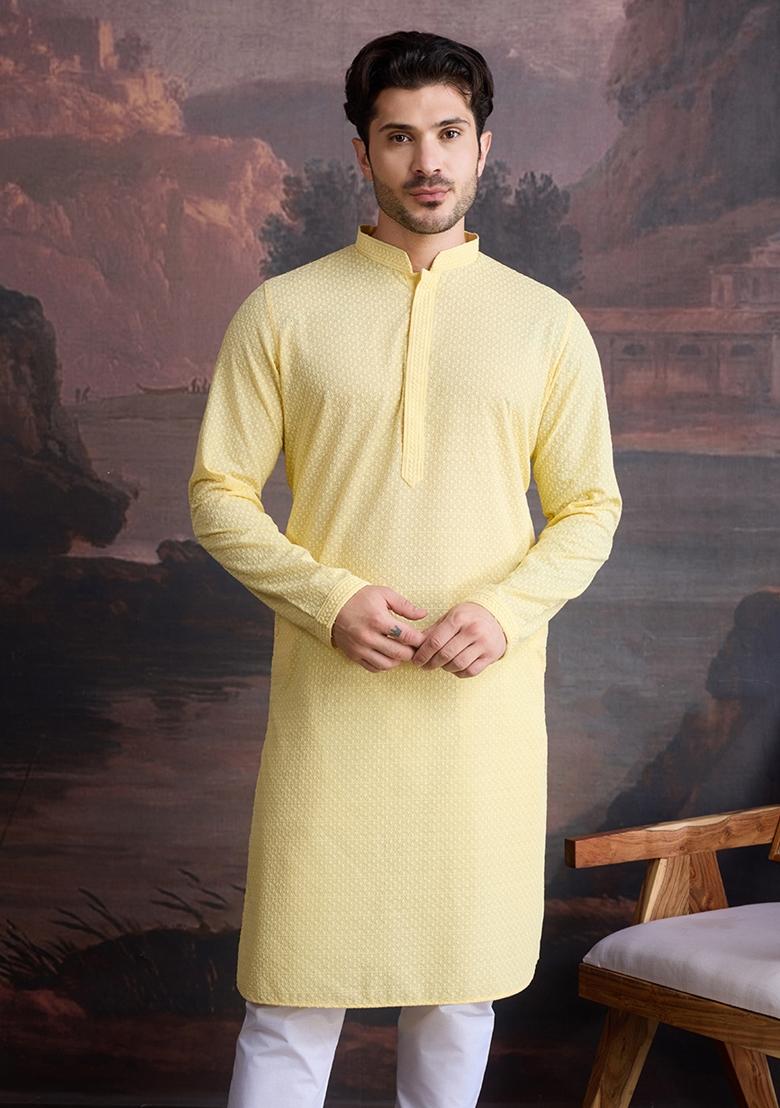 Light Yellow Chikankari Cotton Kurta For Men