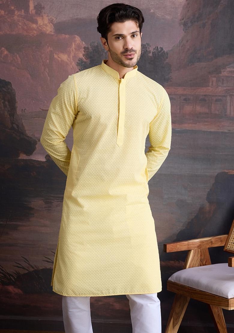 Light Yellow Chikankari Cotton Kurta For Men