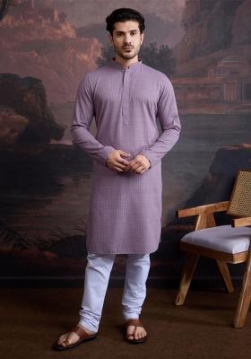 Mauve Blue Chikankari Cotton Kurta For Men