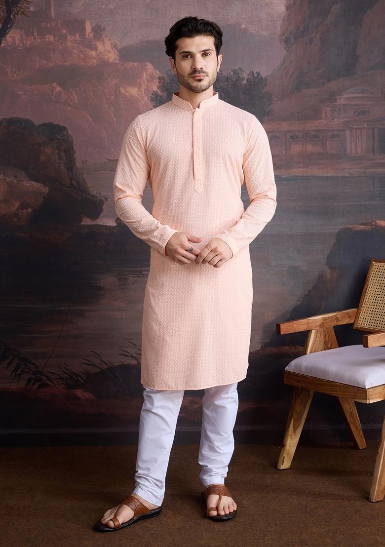 Peach Chikankari Cotton Kurta For Men