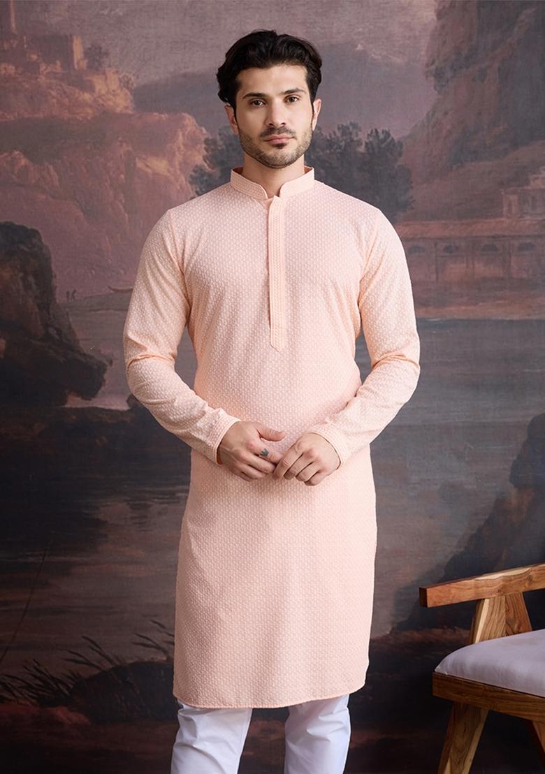 Peach Chikankari Cotton Kurta For Men