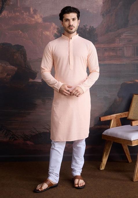 Peach Chikankari Cotton Kurta For Men