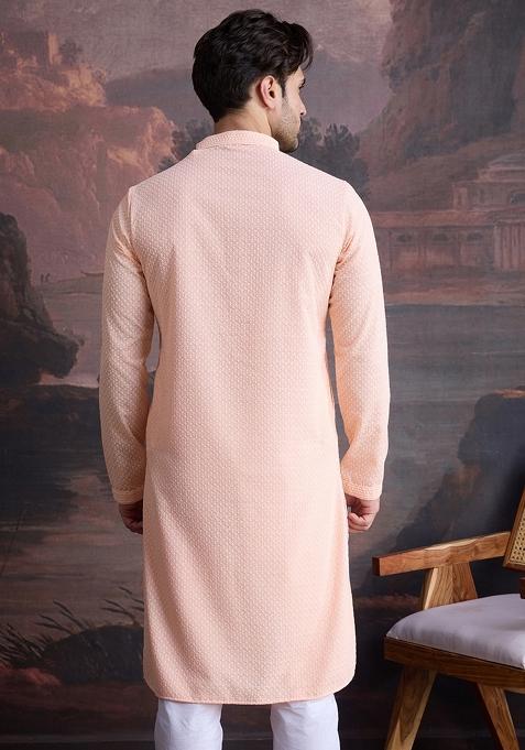 Peach Chikankari Cotton Kurta For Men