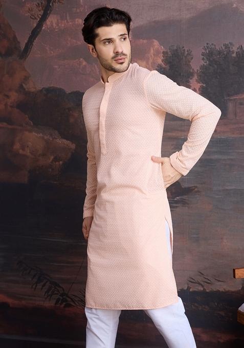 Peach Chikankari Cotton Kurta For Men