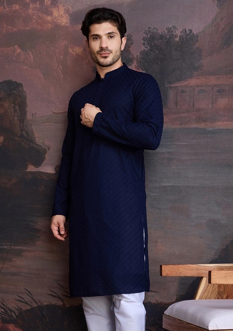 Deep Blue Chikankari Cotton Kurta For Men