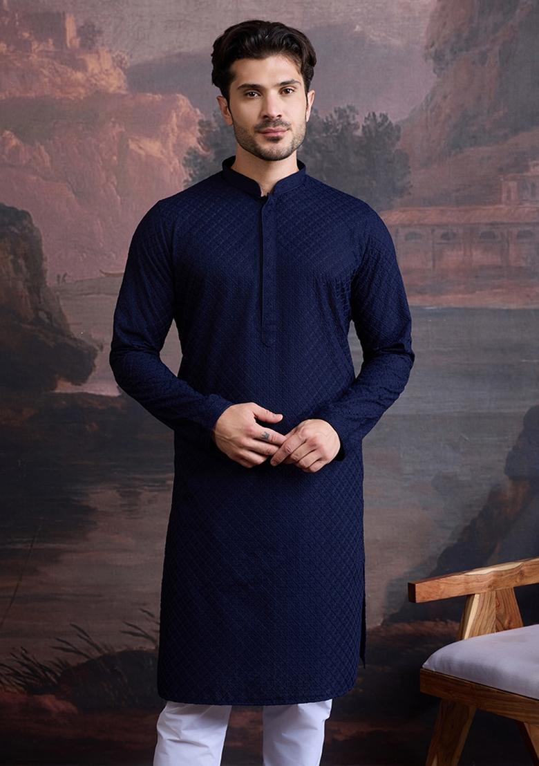 Deep Blue Chikankari Cotton Kurta For Men
