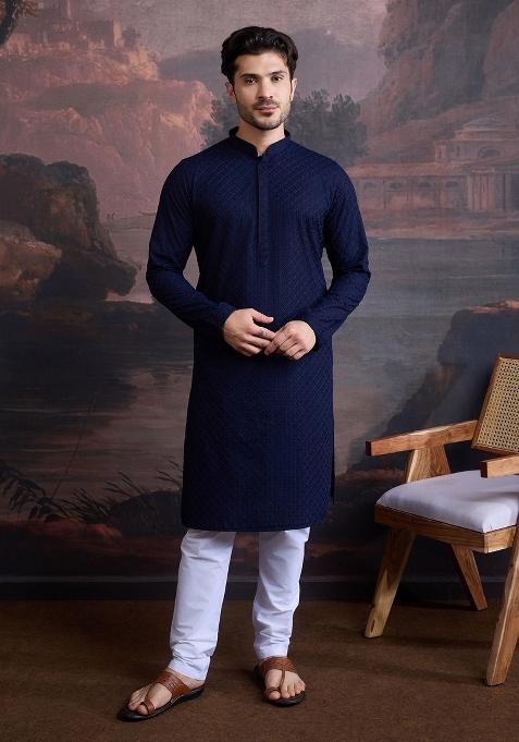 Deep Blue Chikankari Cotton Kurta For Men