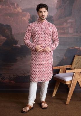 Red Sequin Embroidered Cotton Kurta For Men