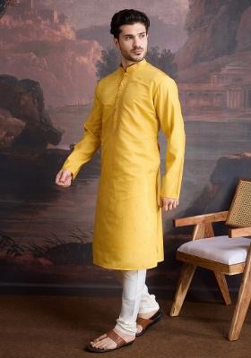 Mustard Yellow Woven Art Silk Kurta Sets For Men