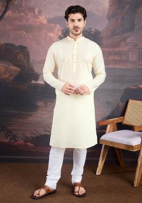 Cream Woven Art Silk Kurta Sets For Men