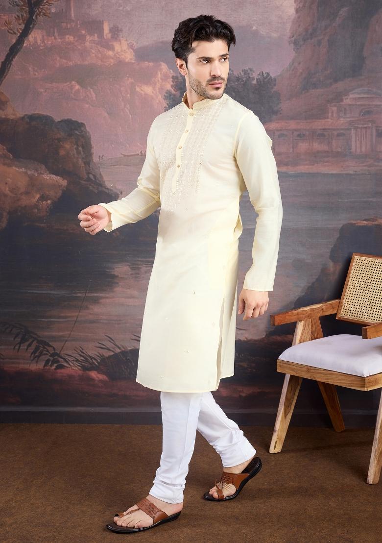 Cream Woven Art Silk Kurta Sets For Men