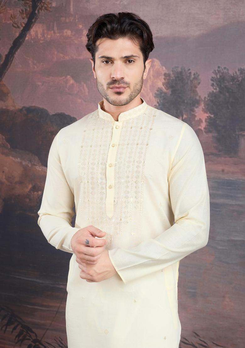 Cream Woven Art Silk Kurta Sets For Men