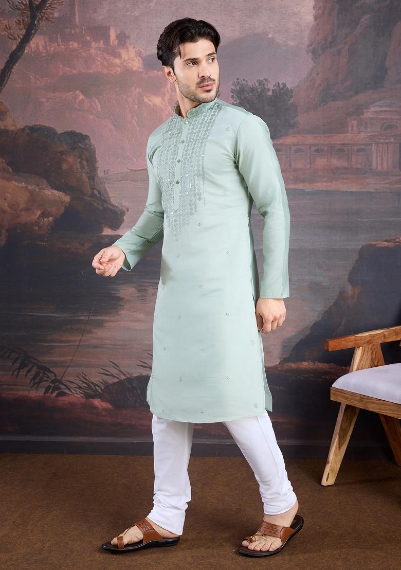Light Green Woven Art Silk Kurta Sets For Men