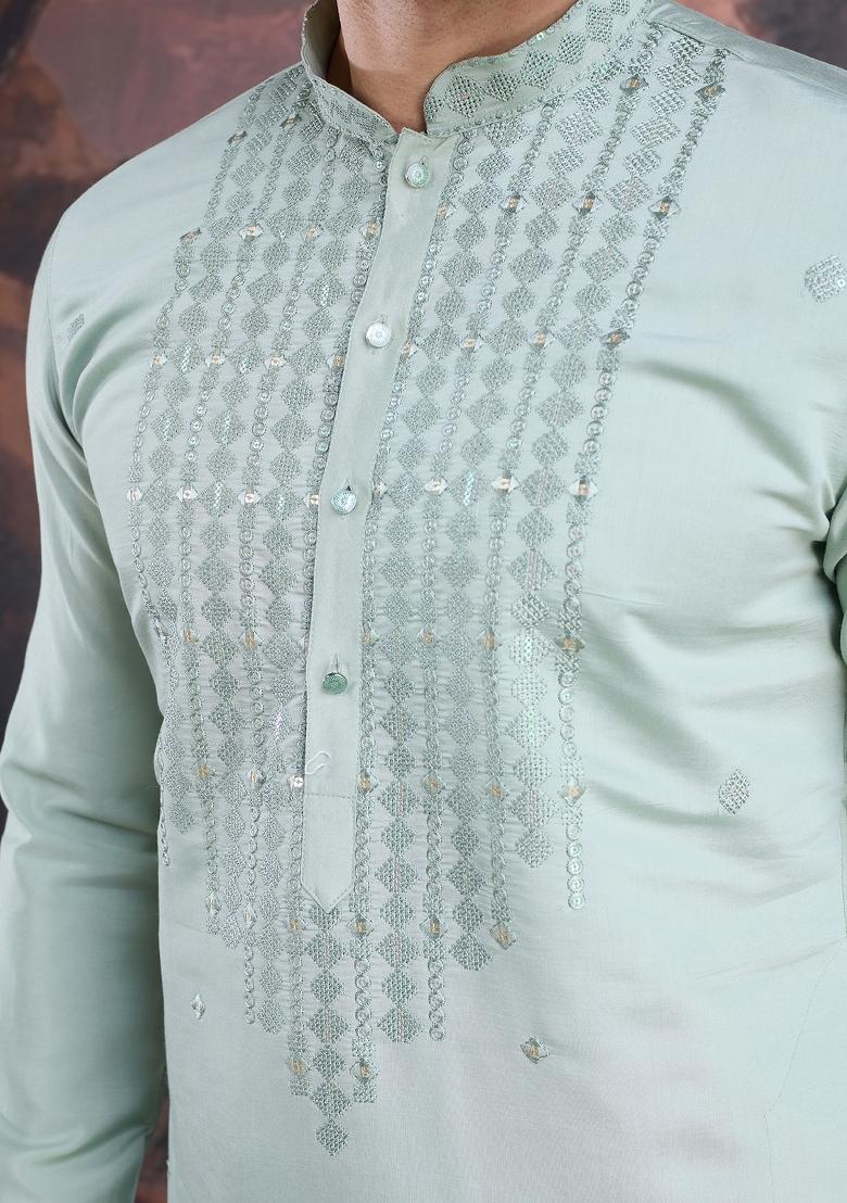 Light Green Woven Art Silk Kurta Sets For Men