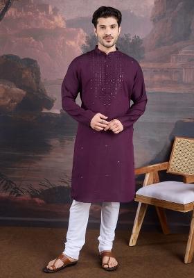 Purple Woven Art Silk Kurta Sets For Men