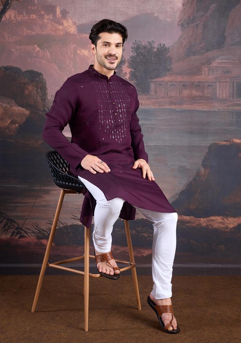 Purple Woven Art Silk Kurta Sets For Men