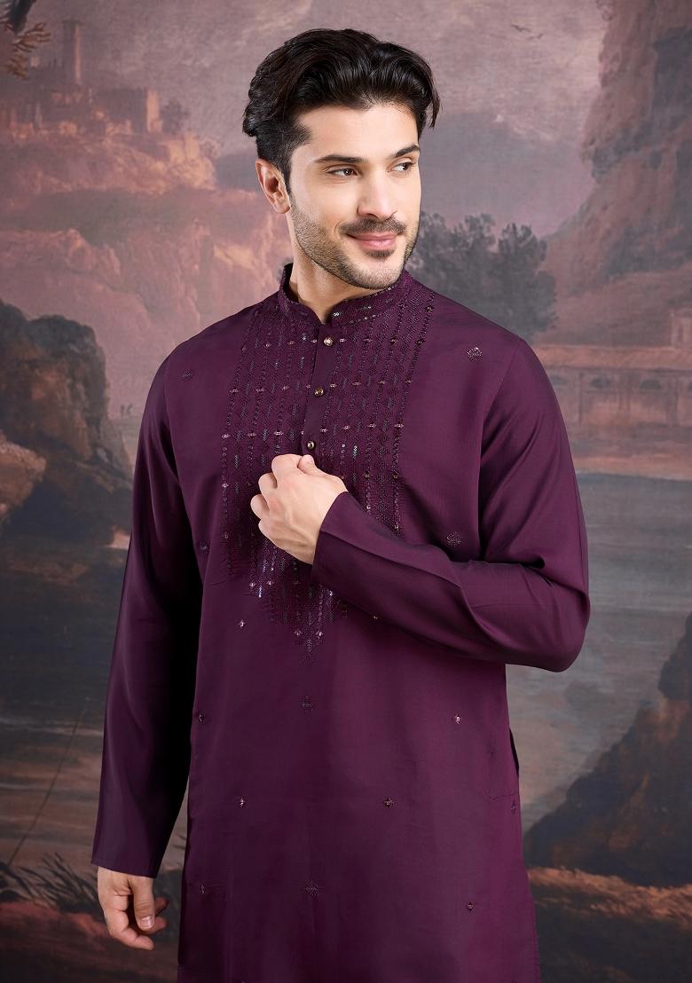 Purple Woven Art Silk Kurta Sets For Men