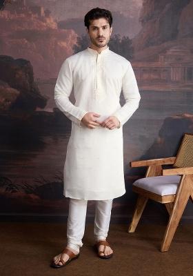 Cream Woven Art Silk Kurta Sets For Men