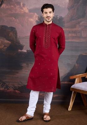 Maroon Woven Art Silk Kurta Sets For Men