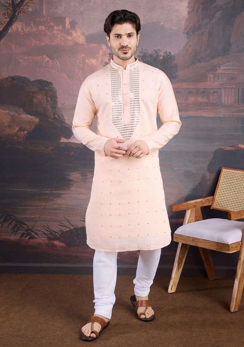 Peach Sequin Embroidered Art Silk Kurta Sets For Men - Indya