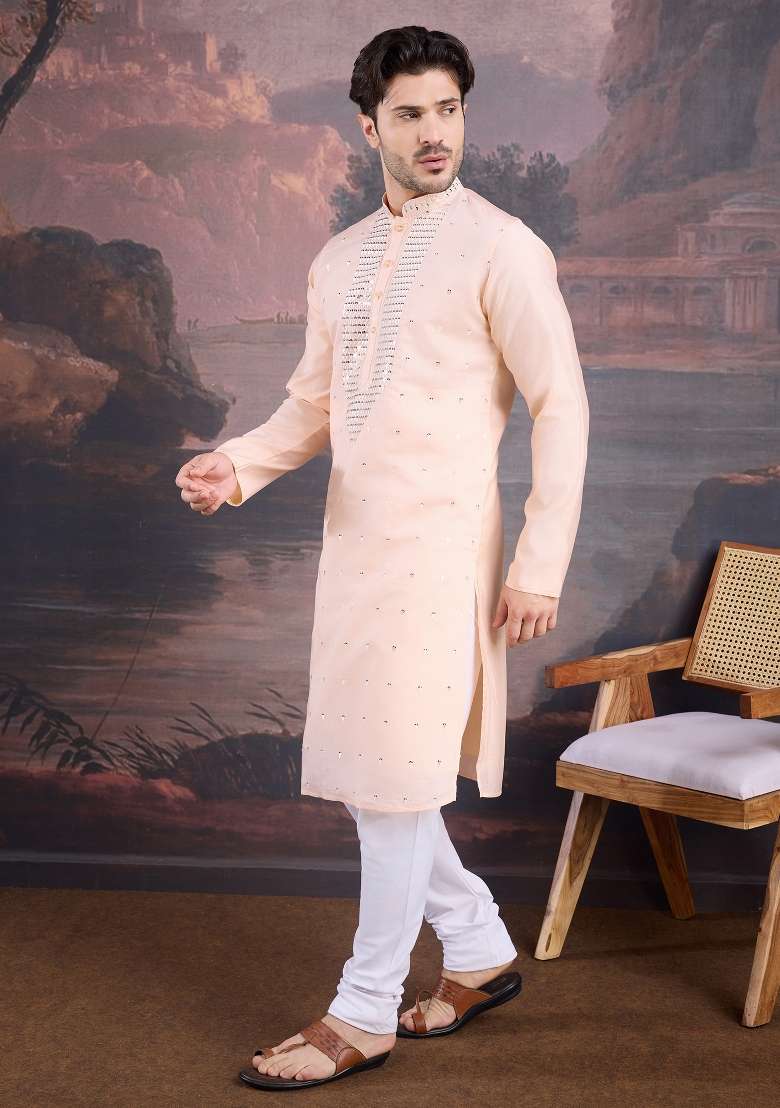 Peach Sequin Embroidered Art Silk Kurta Sets For Men - Indya