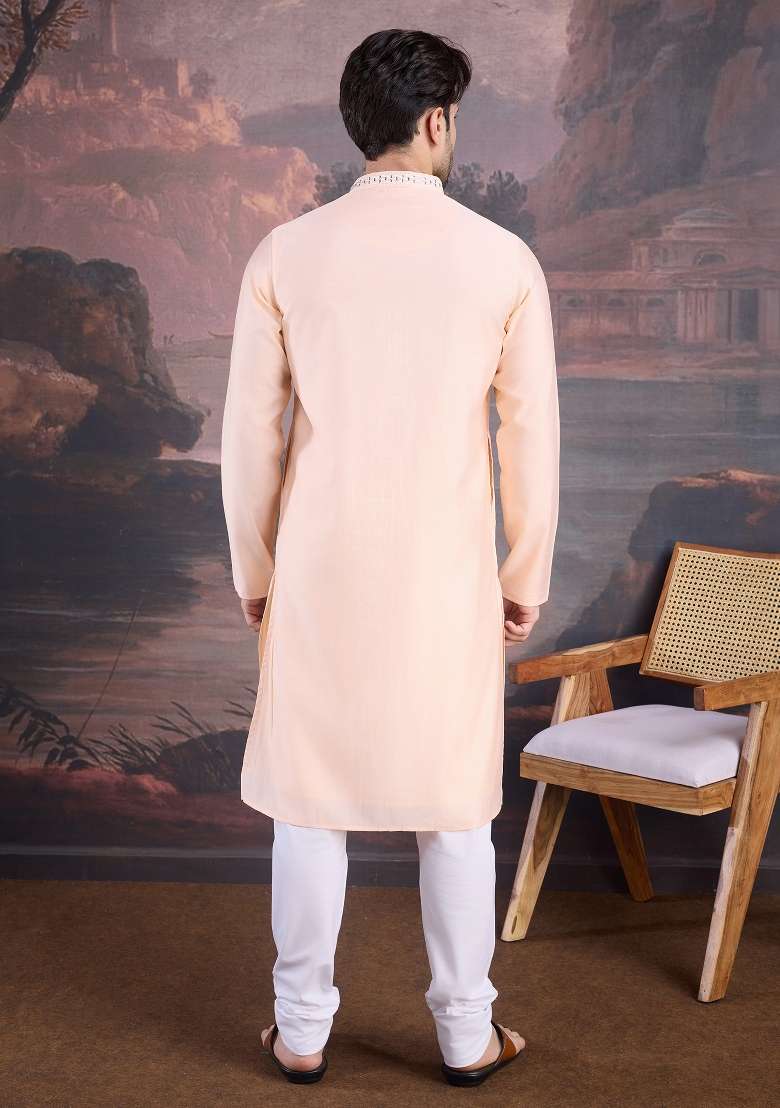 Peach Sequin Embroidered Art Silk Kurta Sets For Men - Indya