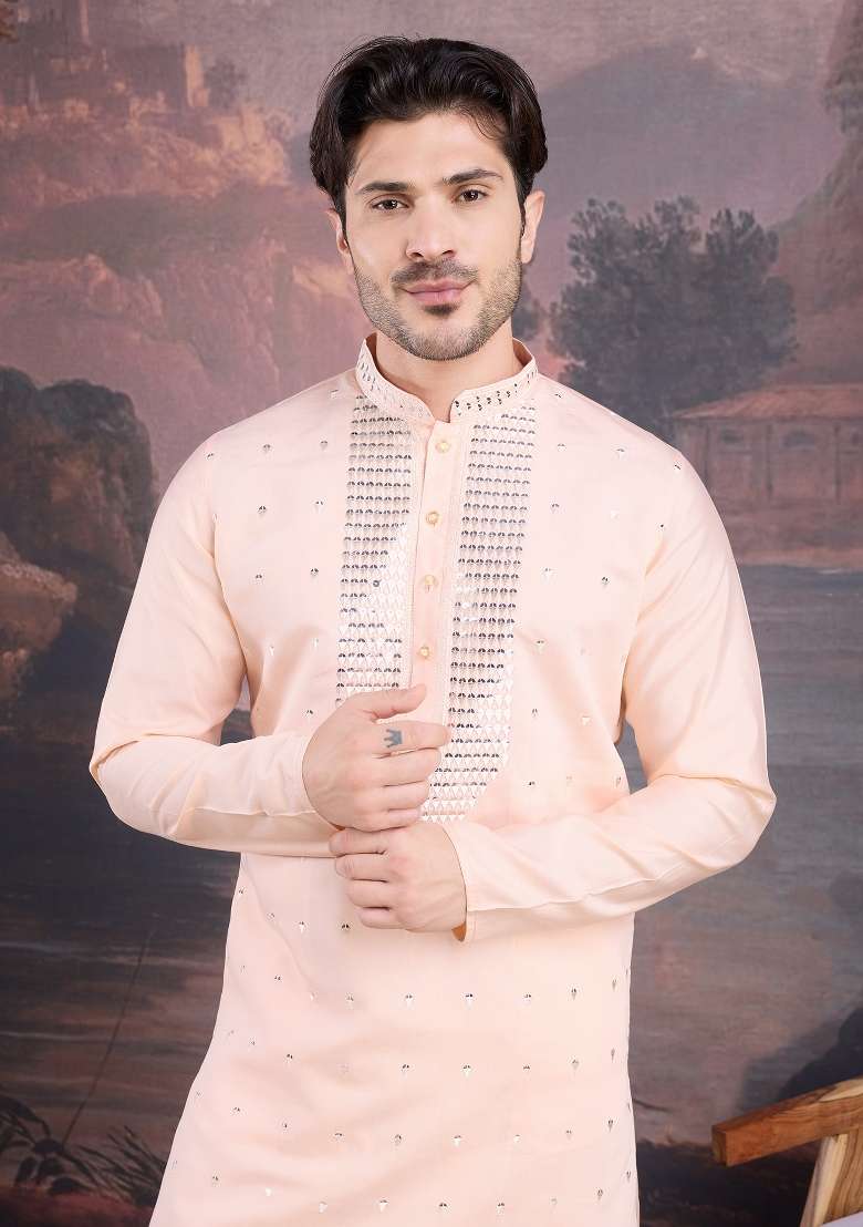Peach Sequin Embroidered Art Silk Kurta Sets For Men - Indya