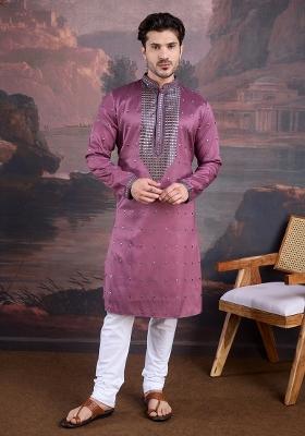 Purple Sequin Embroidered Art Silk Kurta Sets For Men