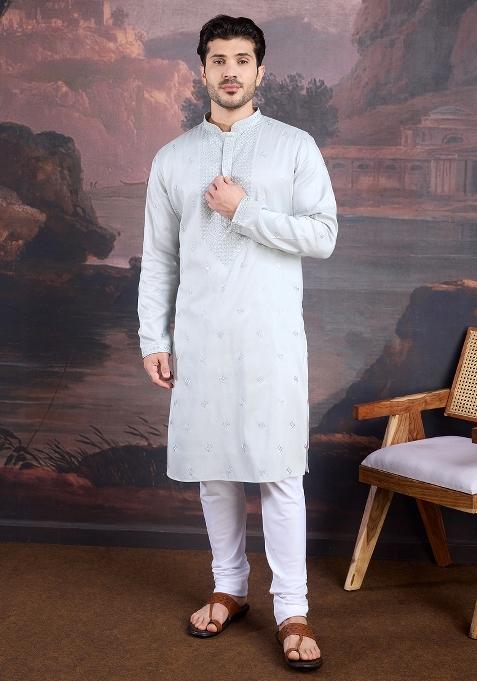 Grey Woven Art Silk Kurta Sets For Men