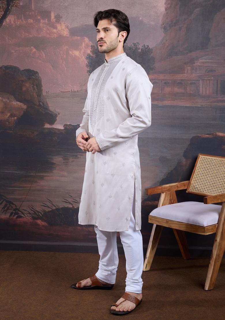 Grey Woven Art Silk Kurta Sets For Men