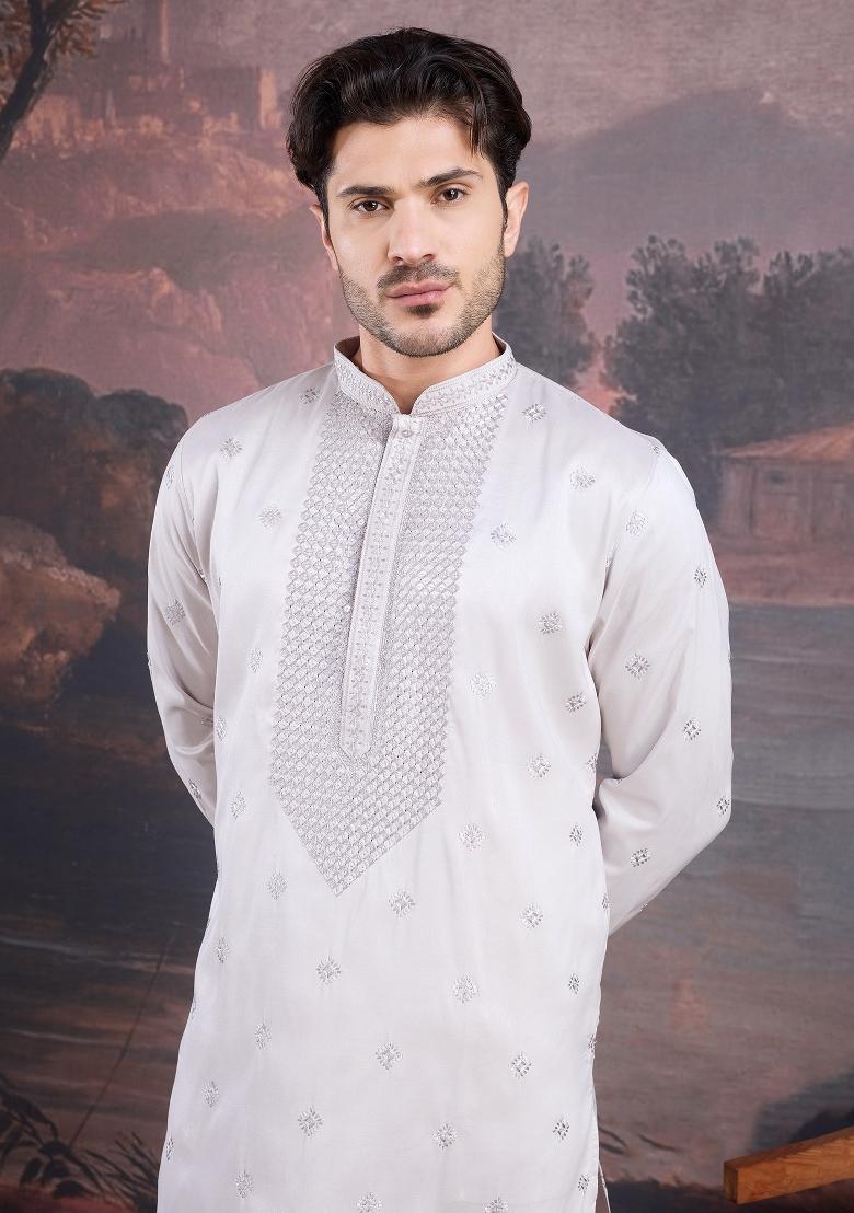 Grey Woven Art Silk Kurta Sets For Men