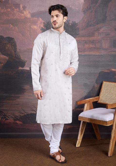 Grey Woven Art Silk Kurta Sets For Men