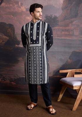 Black Sequin Embroidered Cotton Kurta Sets For Men