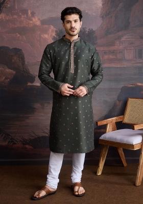 Deep Green Woven Art Silk Kurta Sets For Men