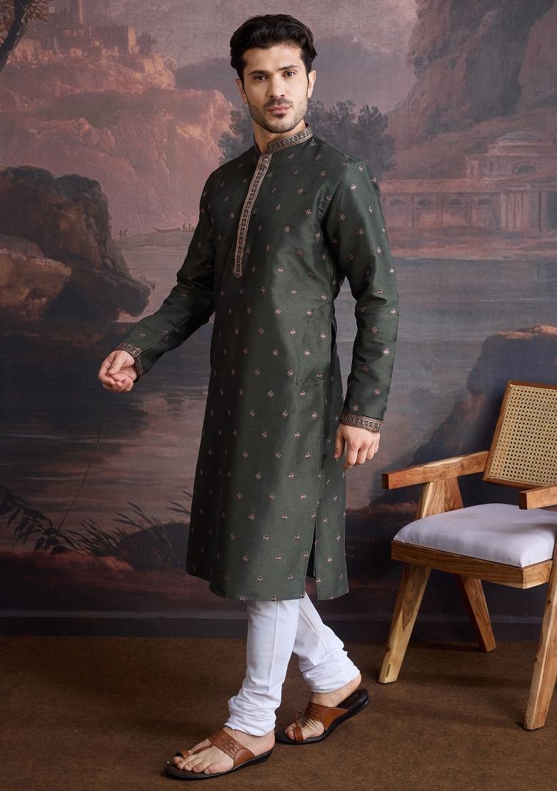 Deep Green Woven Art Silk Kurta Sets For Men