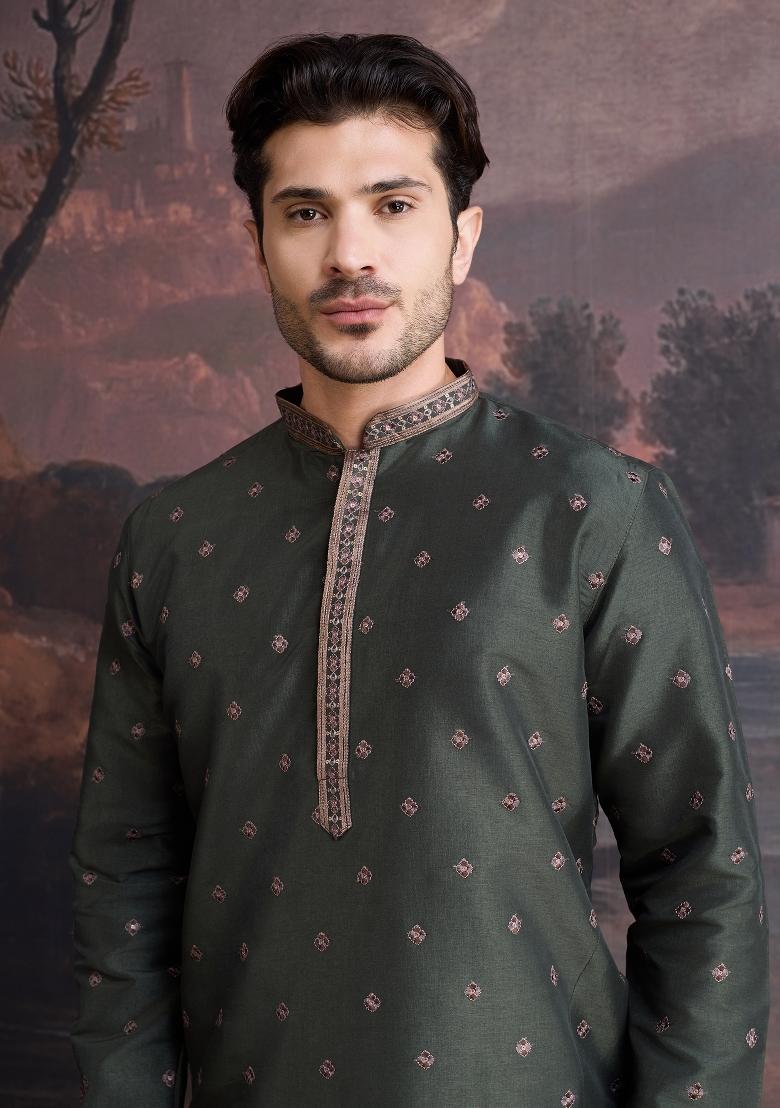 Deep Green Woven Art Silk Kurta Sets For Men