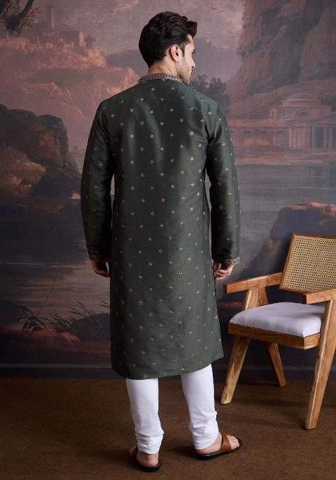 Deep Green Woven Art Silk Kurta Sets For Men