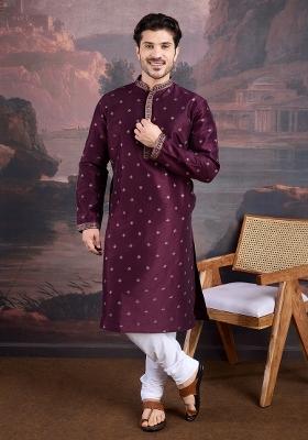 Purple Woven Art Silk Kurta Sets For Men